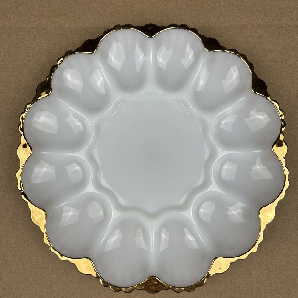 Anchor Hocking White Milk Glass Deviled Egg Dish Plate Platter Gold Trim